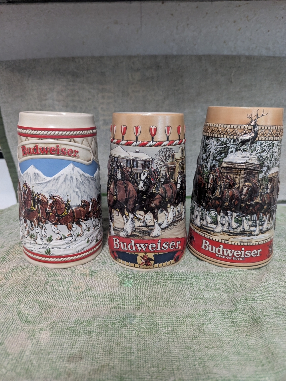 Vintage Series A,B,&C Budweiser Ceramic Clydesdale Stein Set - Red, Tan, Brown